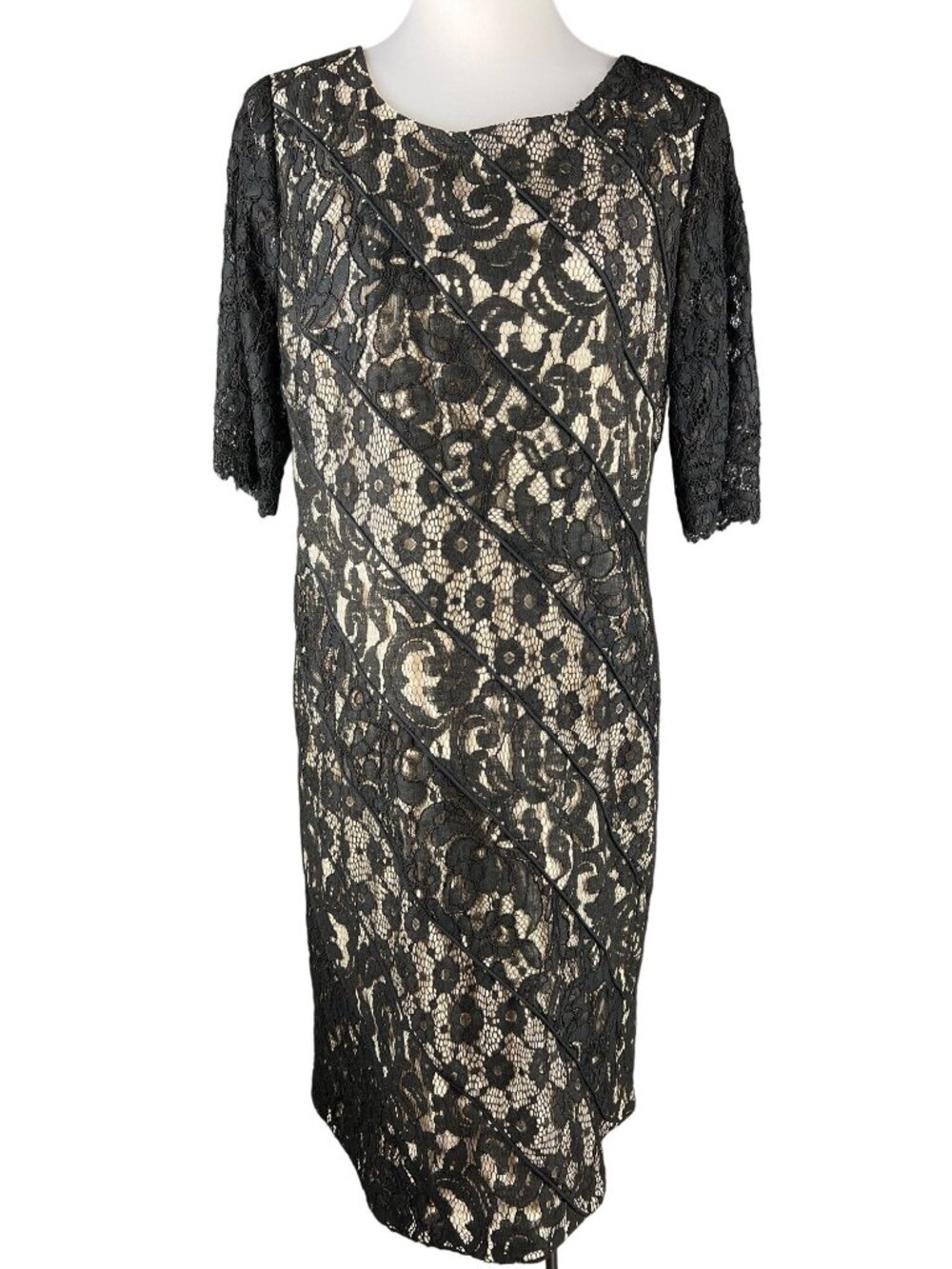 Katherine Kelly Tonal Dress With Black Lace Overlay Short Sleeves Women's Sz 12